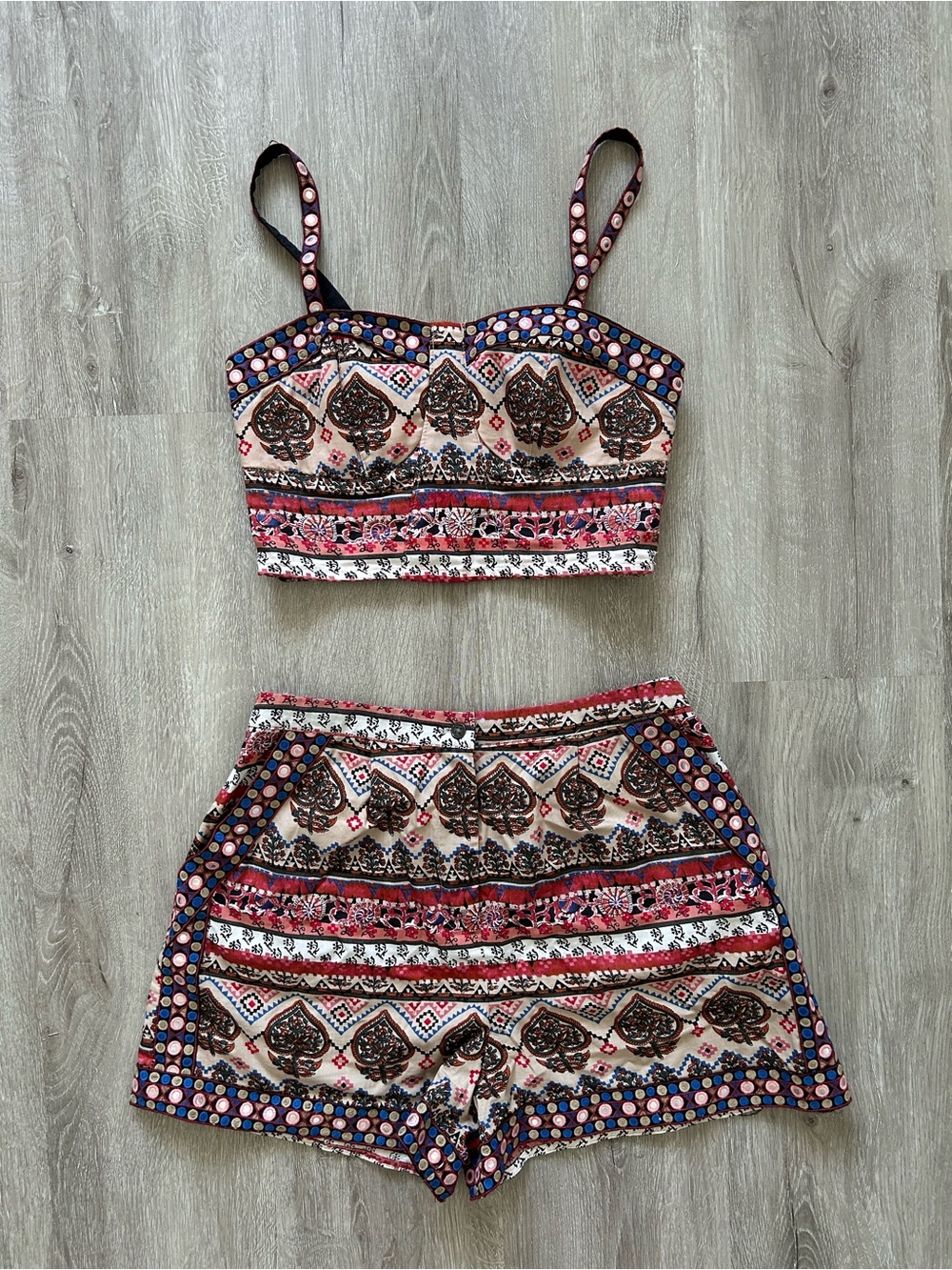 Xhilaration Beige, Red & Navy Bohemian Two-Piece Skirted Short Set